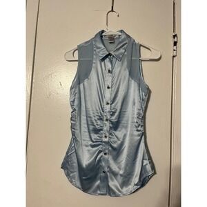 Cache Light Blue Silk Blend Ruched Sleeveless Button Up Blouse NWT XS BLLGT
